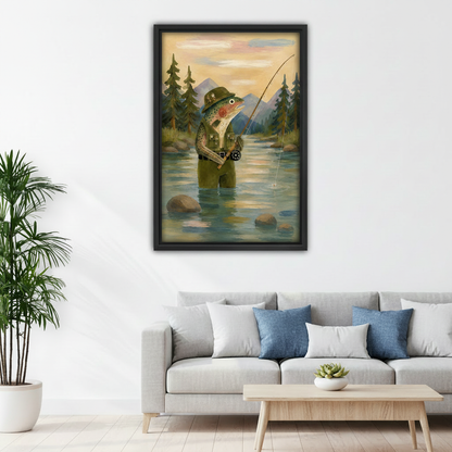 Fly fishing trout canvas wall art in black frame above grey sofa with blue cushions in Scandinavian living room