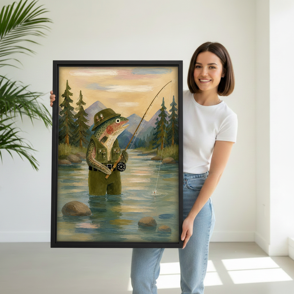 Woman holding fly fishing trout canvas wall art in black float frame in bright white studio with green palm plant