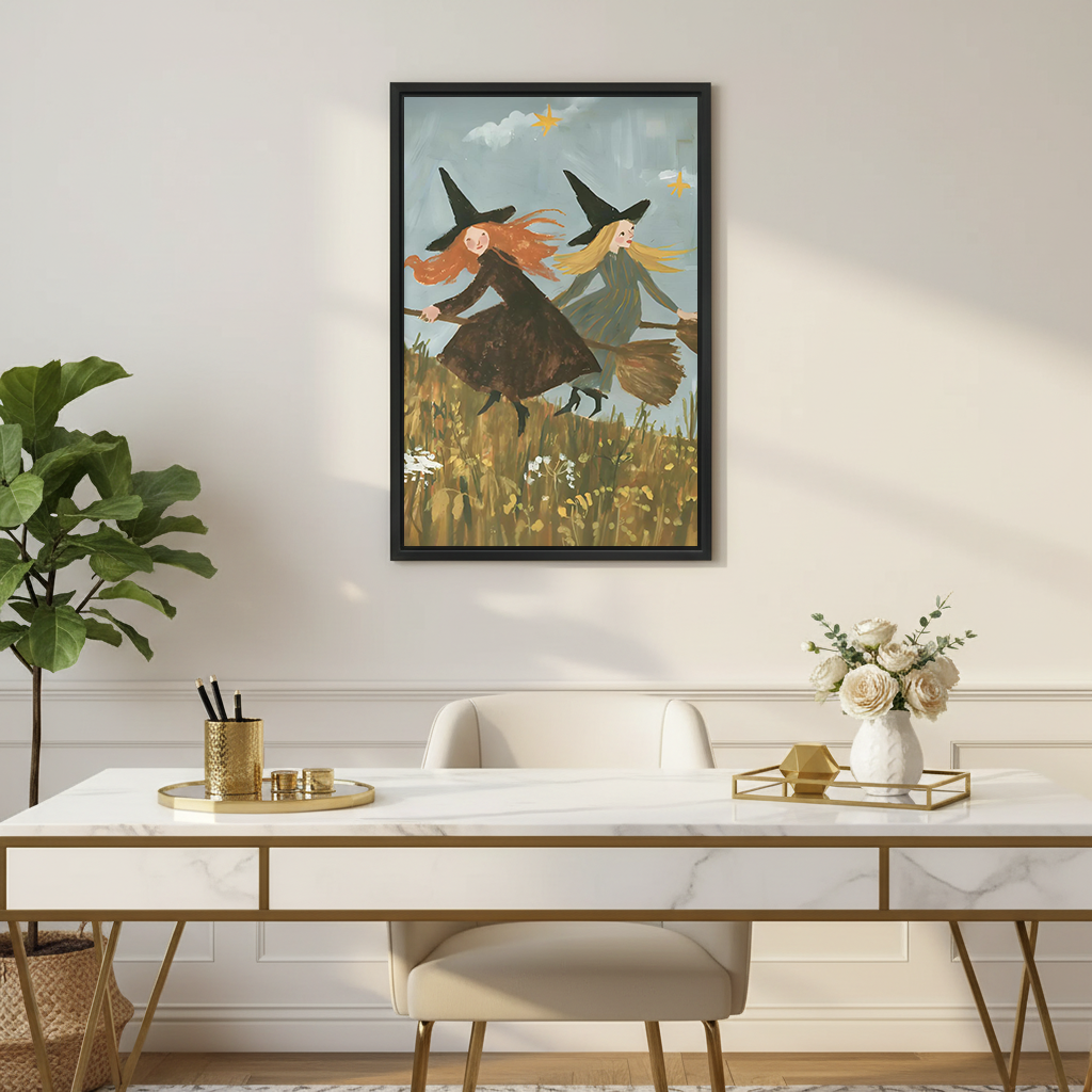 Framed flying witches canvas wall art above a desk, showing two witches sweeping across a flower-filled field.