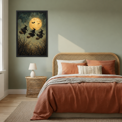 Flying witches full moon canvas wall art displayed above a rattan bed in a cozy bedroom