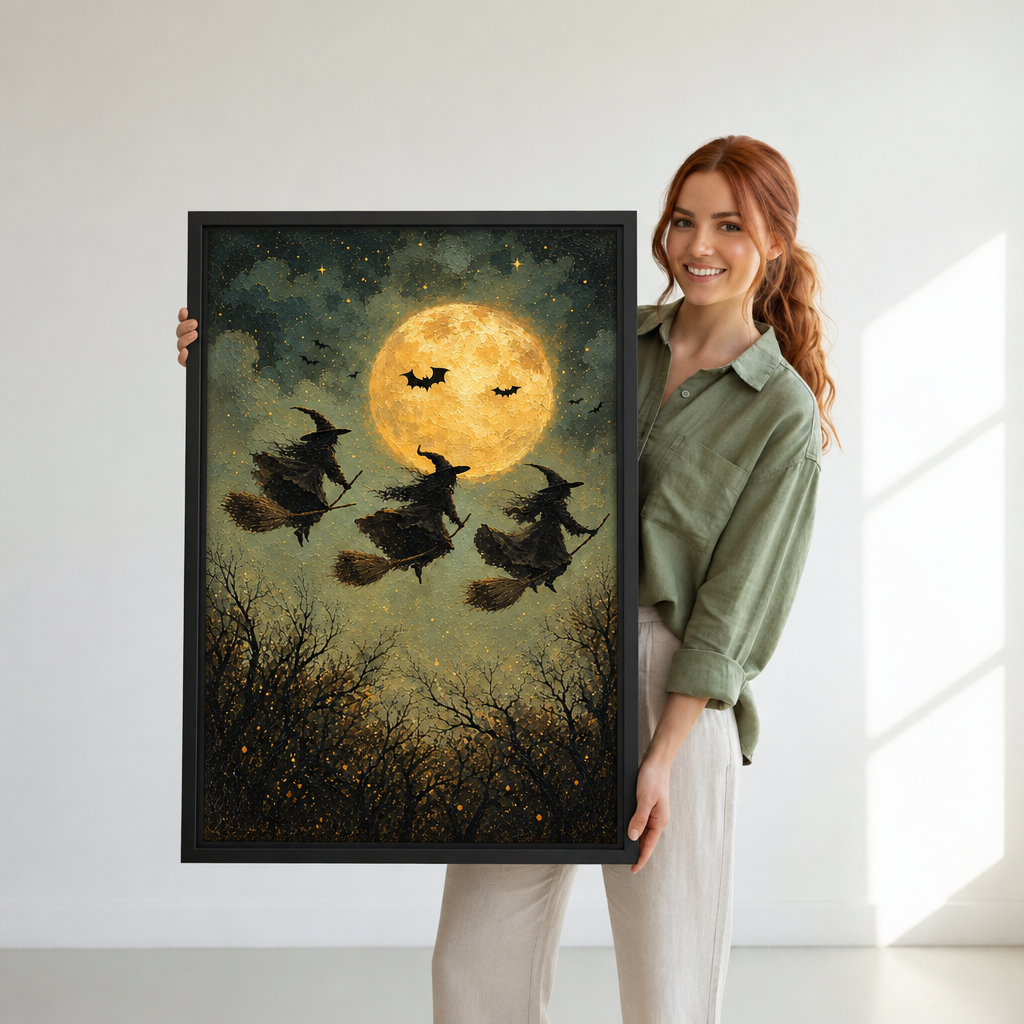 Woman holding large framed flying witches full moon canvas wall art with bats