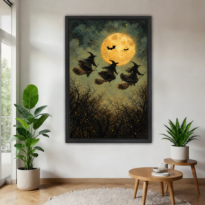 Black framed flying witches full moon canvas wall art displayed in a bright living room