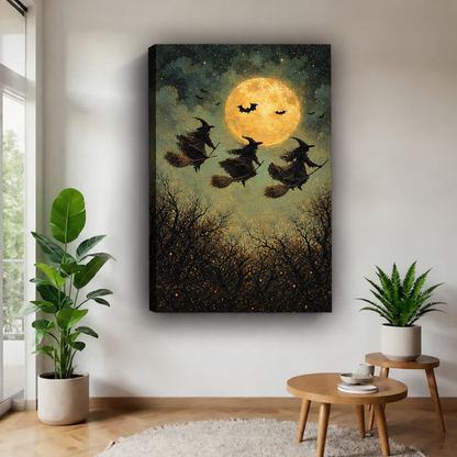 Flying witches full moon gallery-wrap canvas featuring broomsticks, bats and dark forest branches
