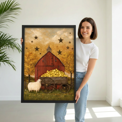 Smiling woman holding black-framed folk art autumn barn canvas wall art with golden trees and scattered stars.