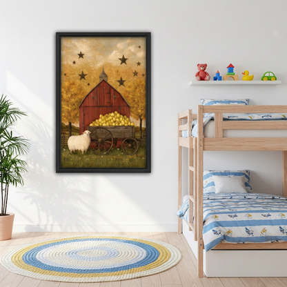 Black-framed folk art autumn barn canvas wall art beside wooden bunk beds beneath a shelf of colorful toys.