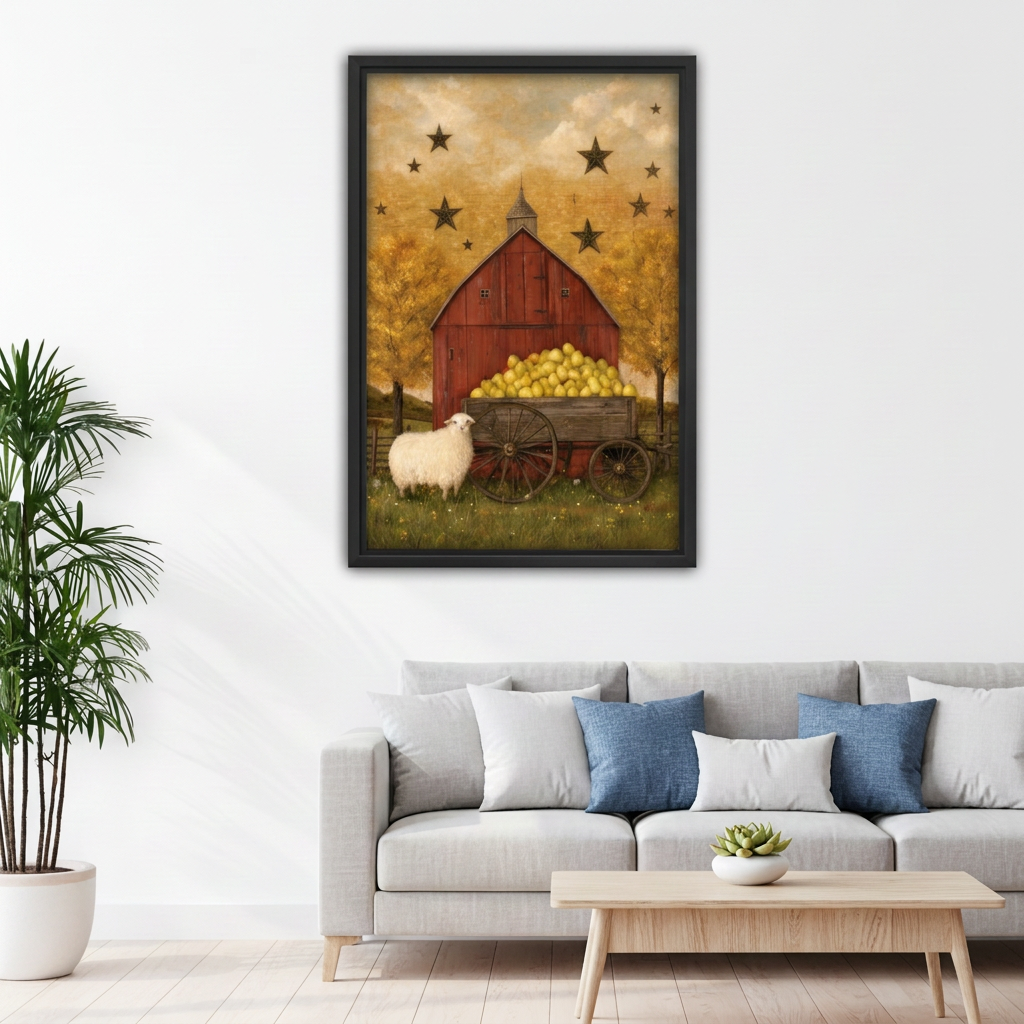 Folk art autumn barn canvas wall art in a black frame above a gray sofa with blue pillows.