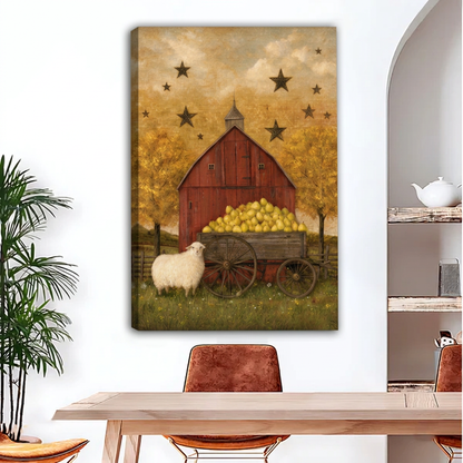 Unframed folk art autumn barn canvas wall art featuring a sheep and harvest wagon above a dining table.