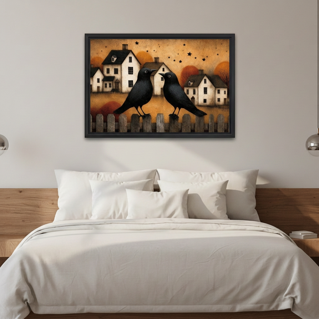 Black-framed folk art autumn crows canvas wall art above a bed with white bedding and a wooden headboard.