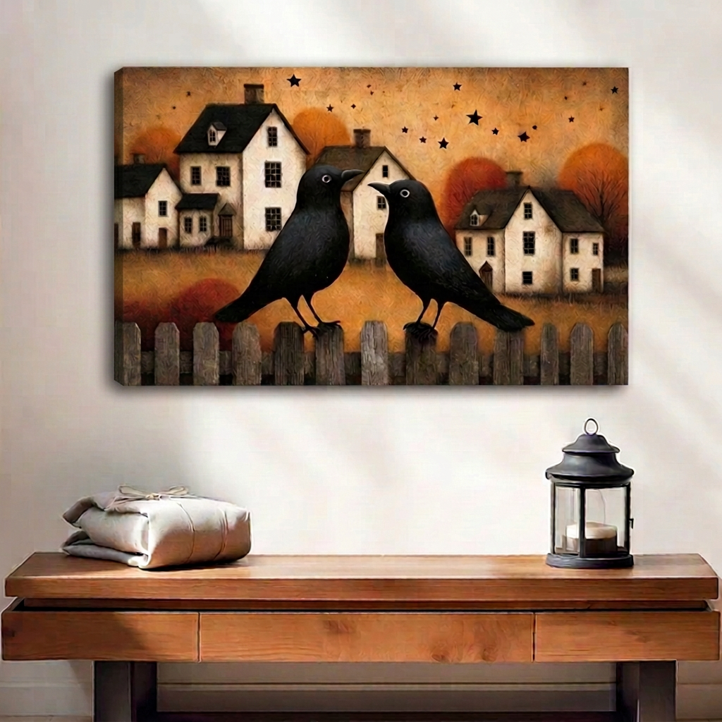Gallery-wrap folk art autumn crows canvas wall art displayed above a wooden console beside a black lantern.