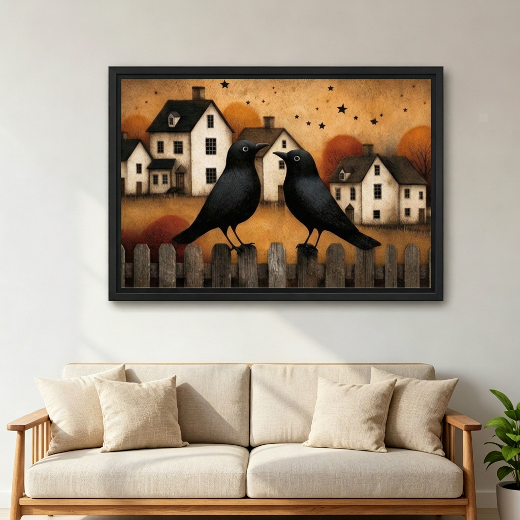 Folk art autumn crows canvas wall art in a black frame above a cream sofa with wooden armrests