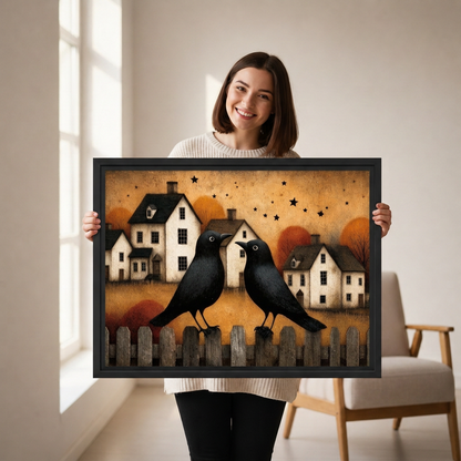 Woman holding black-framed folk art autumn crows canvas wall art featuring two birds, village houses and golden skies.