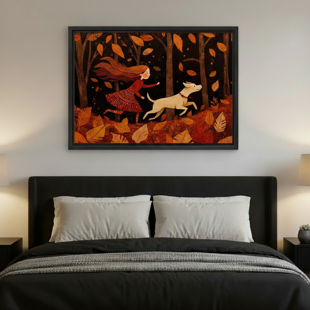 Folk art framed canvas print of girl and dog in autumn forest — bedroom wall decor above dark upholstered bed with warm ambient lighting