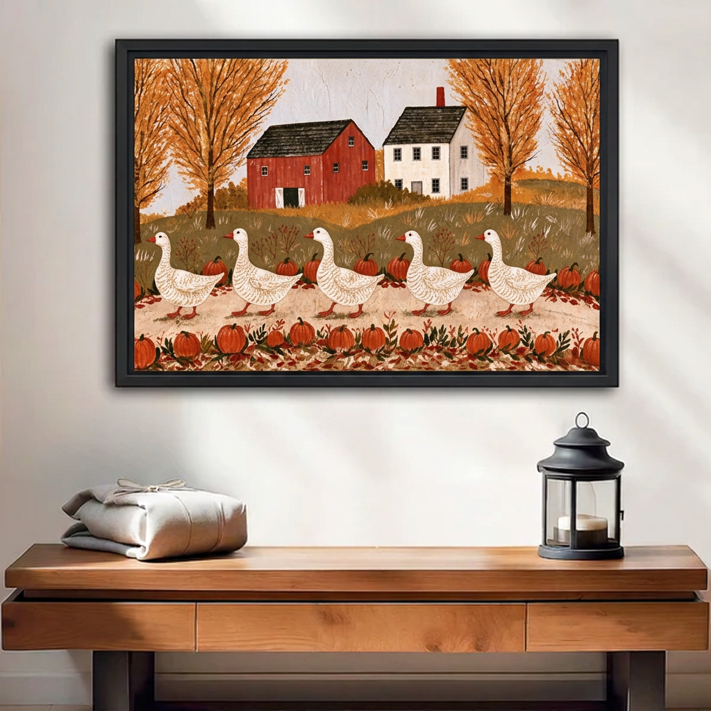 Black-framed folk art autumn geese wall art displayed above a wooden bench beside folded blankets and a candle lantern.