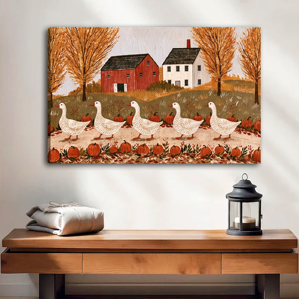 Unframed gallery-wrap folk art autumn geese wall art above a wooden bench with folded blankets and a lantern.