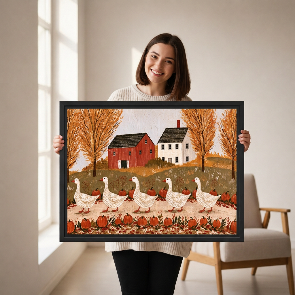 Smiling woman holding black-framed folk art autumn geese wall art featuring five white geese and a pumpkin-lined path.