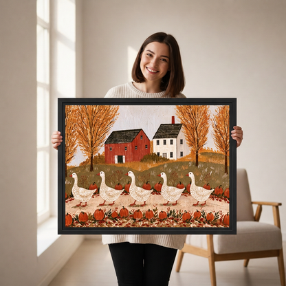 Smiling woman holding black-framed folk art autumn geese wall art featuring five white geese and a pumpkin-lined path.