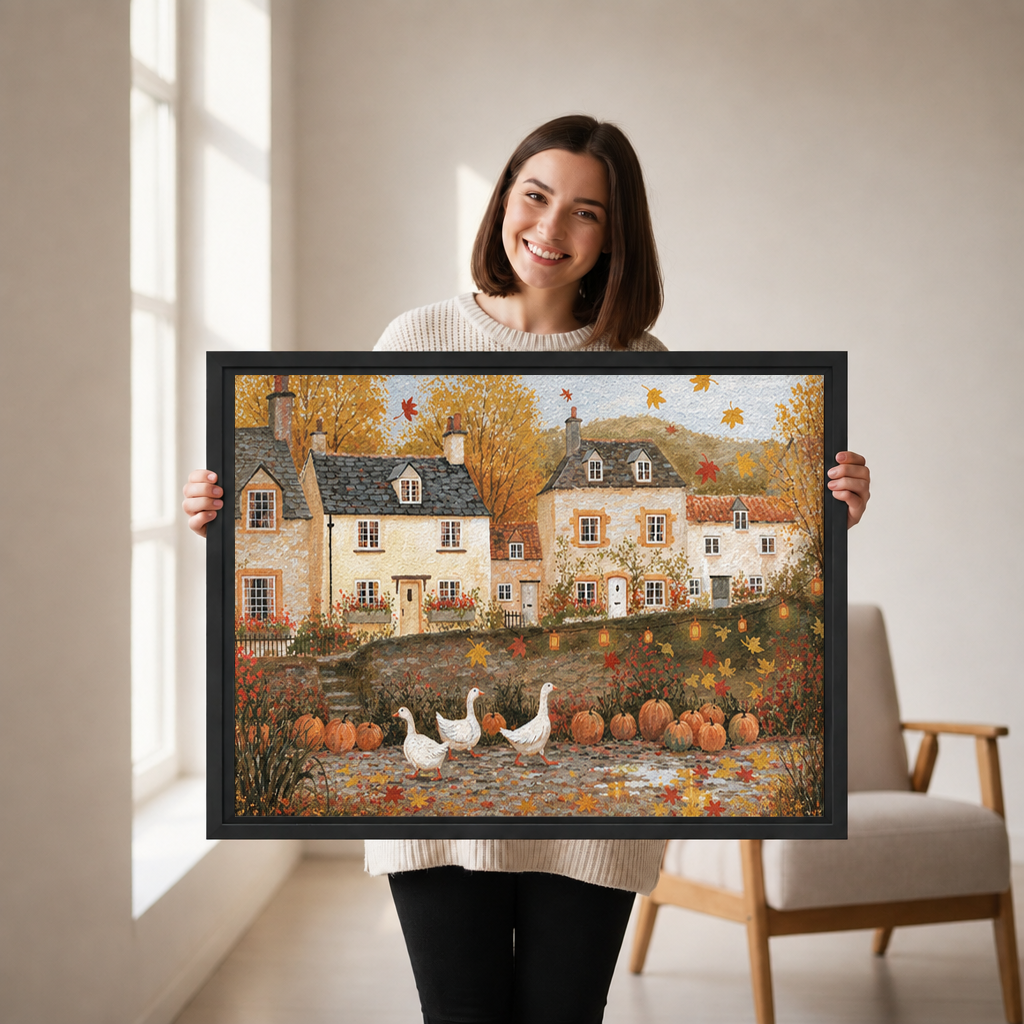 Woman holding black-framed folk art autumn village wall art featuring white geese, orange pumpkins, and golden trees.