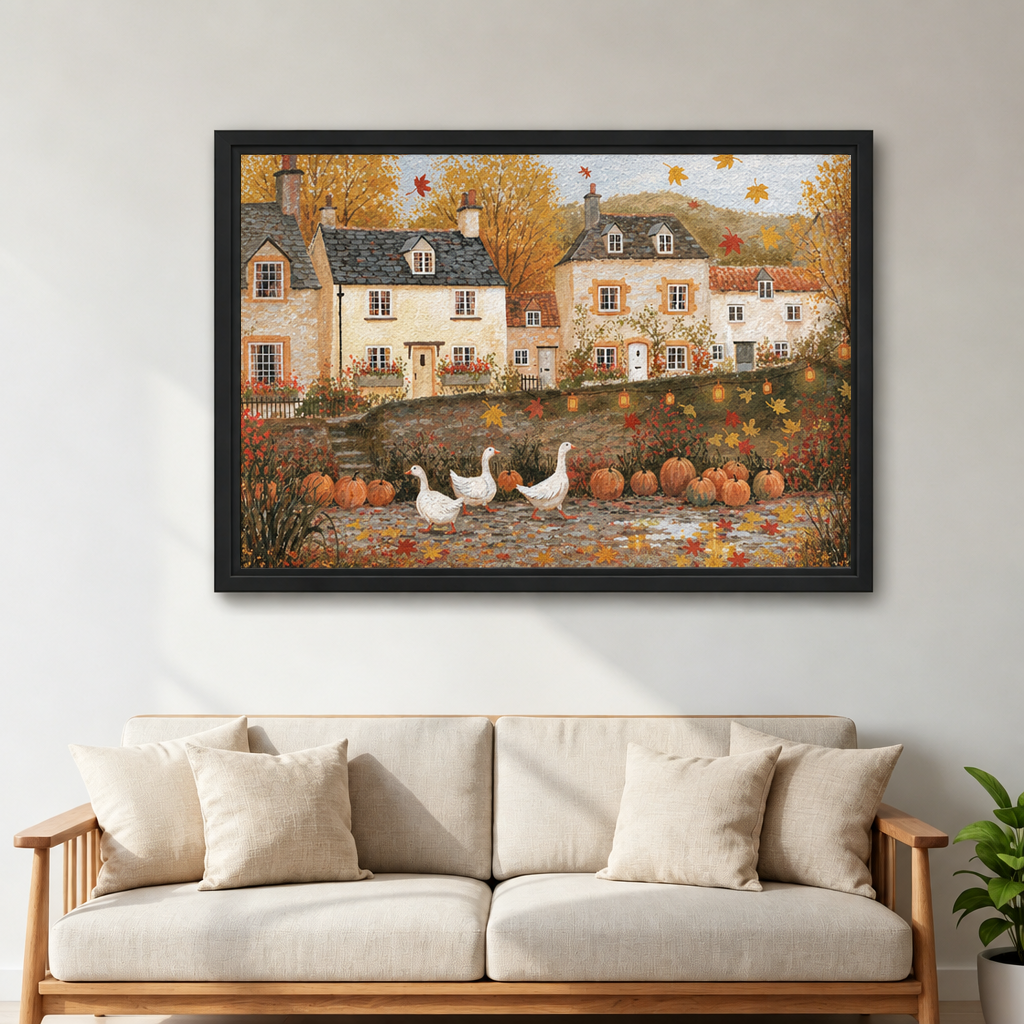 Framed folk art autumn village wall art above a cream sofa with wooden arms beside a leafy plant.