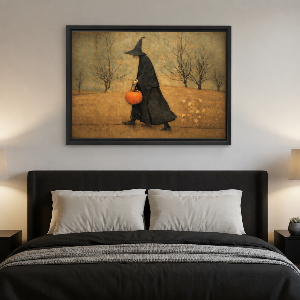 Black-framed folk art autumn witch canvas wall art hanging above a dark headboard with white pillows.