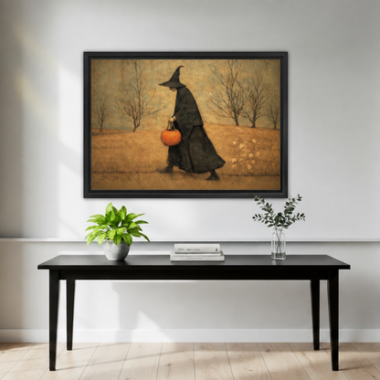 Folk art autumn witch canvas wall art in a black frame above a black console with plants.