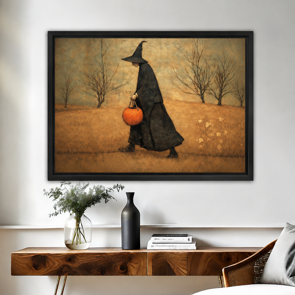 Black-framed folk art autumn witch canvas wall art above a wooden console with vases and stacked books.