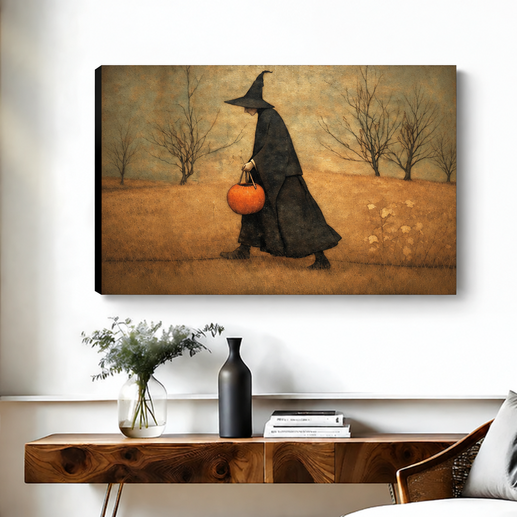 Unframed folk art autumn witch canvas wall art with visible wrapped edges above a wooden console.