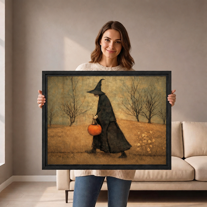 Woman holding black-framed folk art autumn witch canvas wall art featuring an orange pumpkin bucket and bare trees.