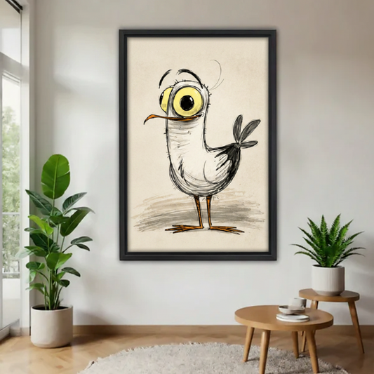 Folk art style big-eye seagull illustration in black frame mounted on a white wall between two green potted plants