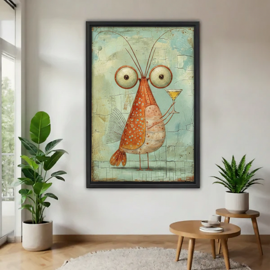 Folk art style big-eye shrimp holding a cocktail in a black frame mounted on a white wall flanked by two green potted plants in a modern hallway