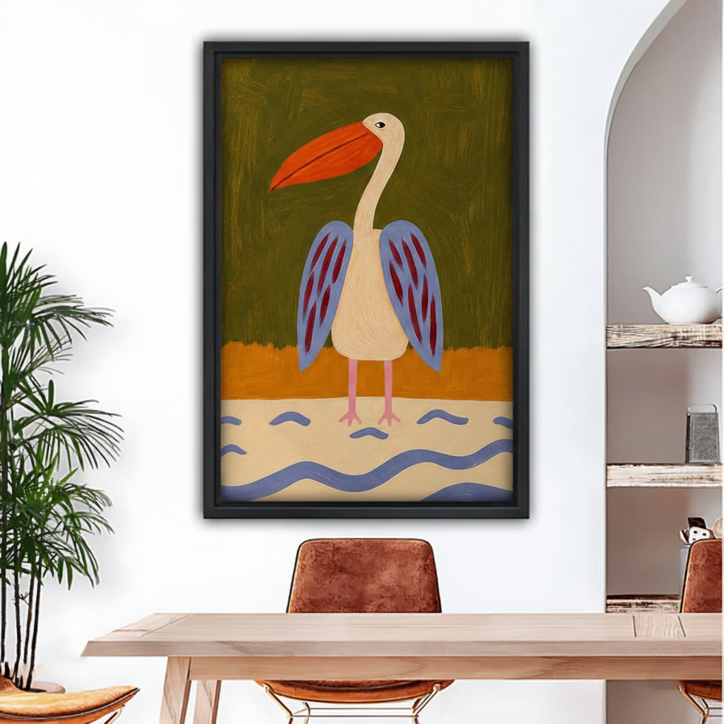 Folk art bird canvas wall art in black frame displayed above a wooden dining table in a bright eclectic dining room