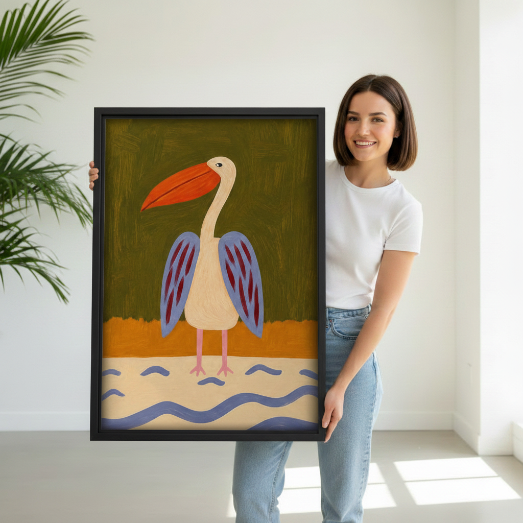 Woman holding folk art bird framed canvas print in a bright white room showing print size and bold olive color palette
