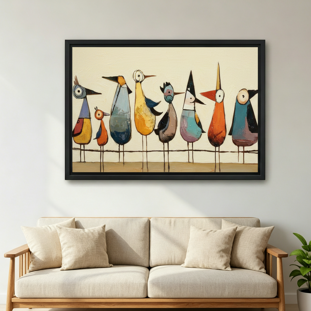 Folk art birds canvas wall art in living room display, bold colorful whimsical bird print with cream background for modern eclectic interior