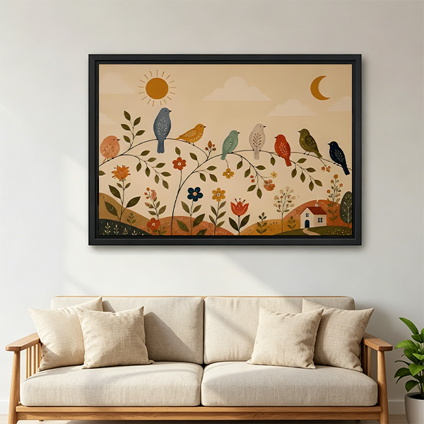 Folk art birds and flowers canvas wall art framed above a neatly made bed in a calm bedroom.
