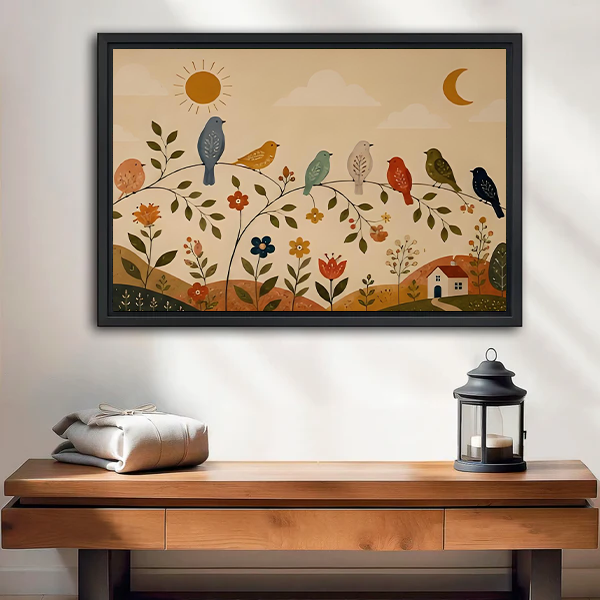 Folk art birds and flowers canvas wall art displayed above a wooden console with a lantern.