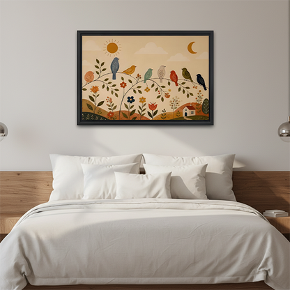 Framed folk art birds and flowers canvas wall art displayed above a cream sofa and cushions.