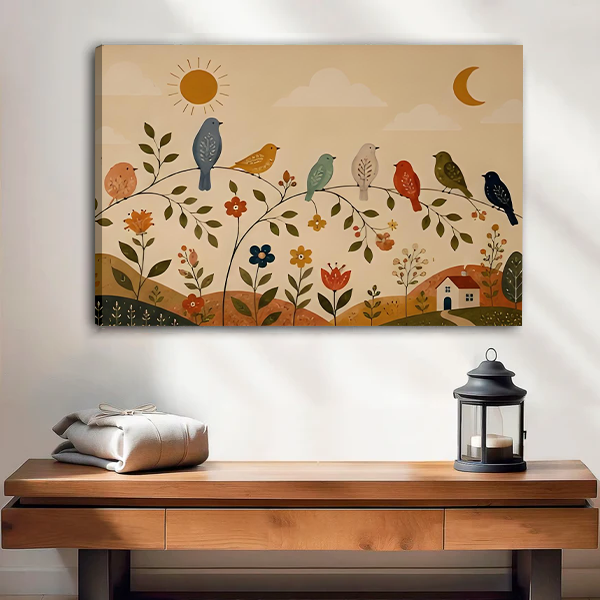 Framed folk art birds and flowers canvas wall art held by a smiling woman in a bright room.