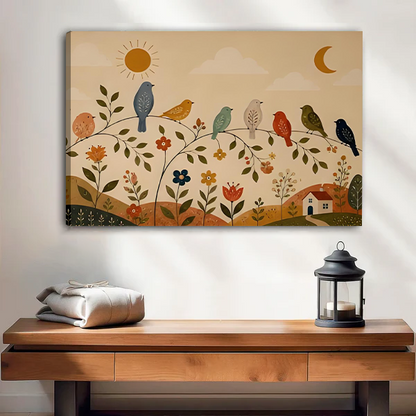 Framed folk art birds and flowers canvas wall art held by a smiling woman in a bright room.