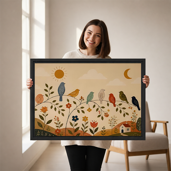 Framed folk art birds and flowers canvas wall art above a neutral sofa in a living room.