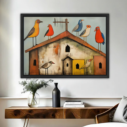 Gallery-wrap folk art colorful birds on a rustic house canvas wall art above a wood console table