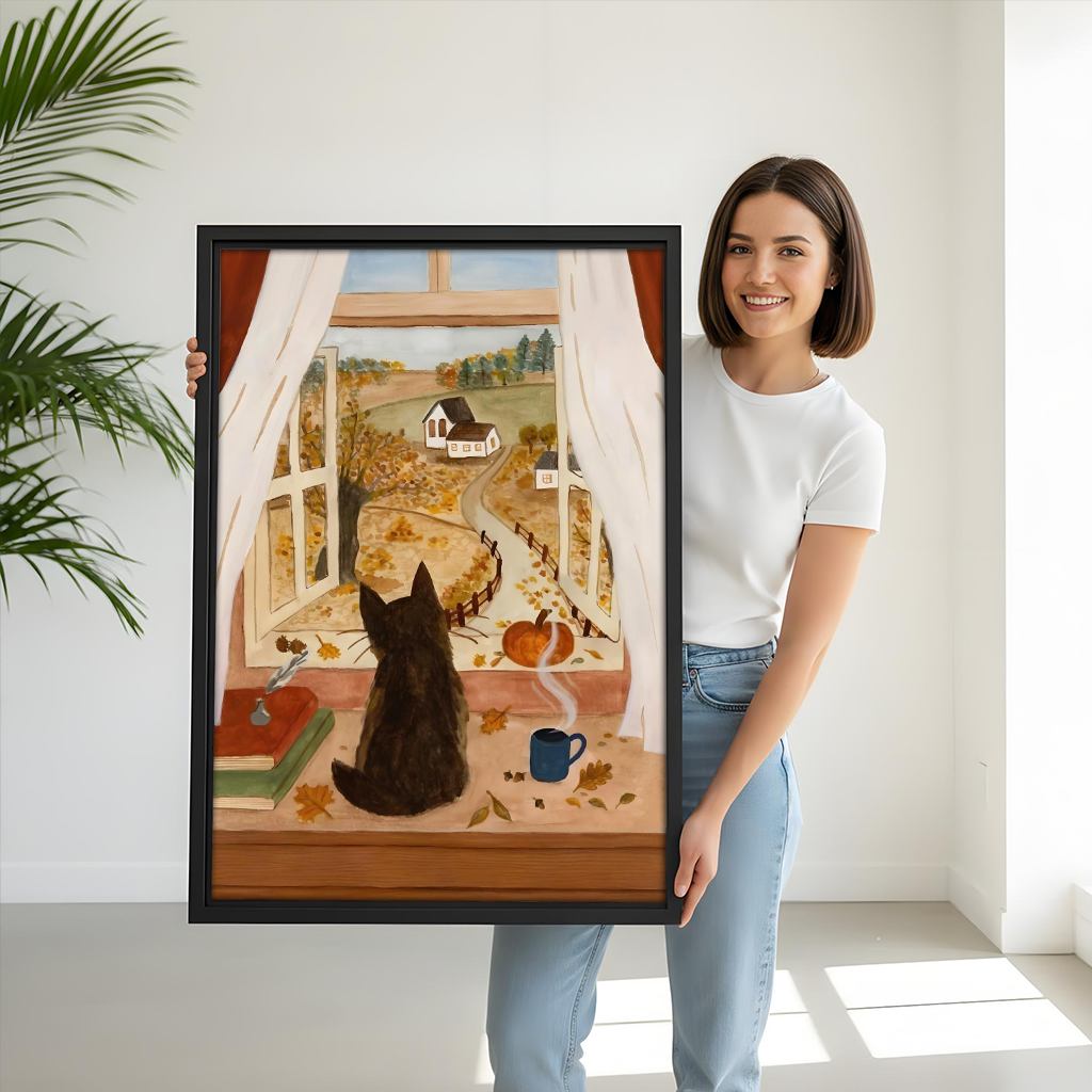 Woman holding large framed folk art black cat autumn window canvas print size reference white studio