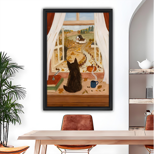 Folk art black cat on autumn windowsill framed canvas wall art with pumpkin and coffee mug dining room