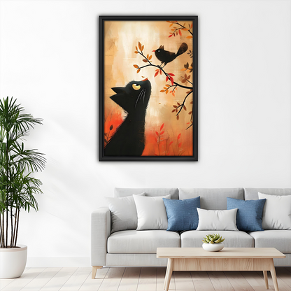 Folk art black cat and bird autumn canvas wall art in black frame above gray sofa in minimalist living room