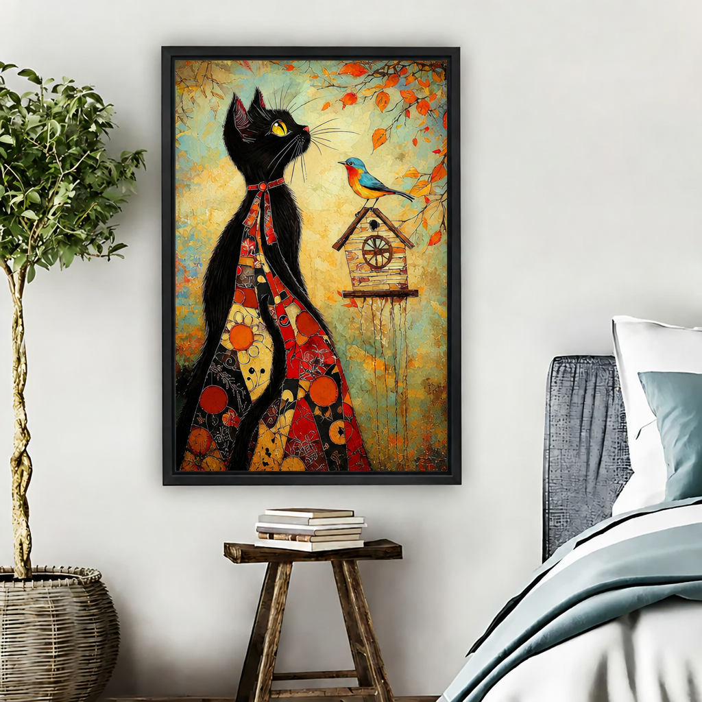 Folk art black cat bird canvas wall art in a black frame beside a potted tree and bed