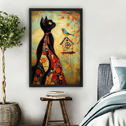 Folk art black cat bird canvas wall art in a black frame beside a potted tree and bed