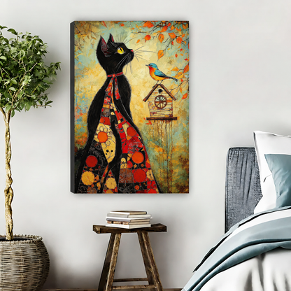 Gallery-wrap folk art black cat bird canvas wall art above a wooden stool with books beside a bed