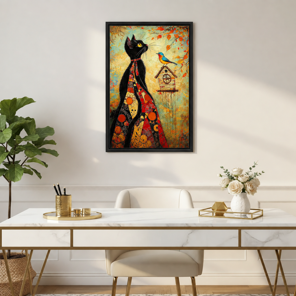 Framed folk art black cat bird canvas wall art above a white marble desk with gold accents