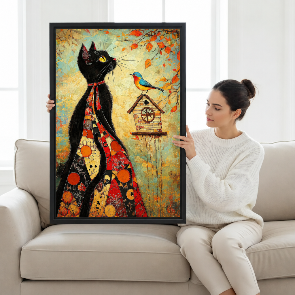 Woman in a white sweater holding framed folk art black cat bird canvas wall art on a sofa