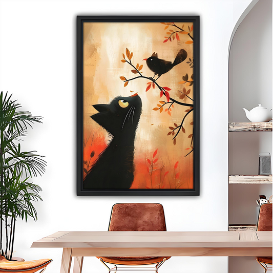 Folk art black cat gazing at bird on branch gallery wrap canvas wall art hanging in modern dining room setting
