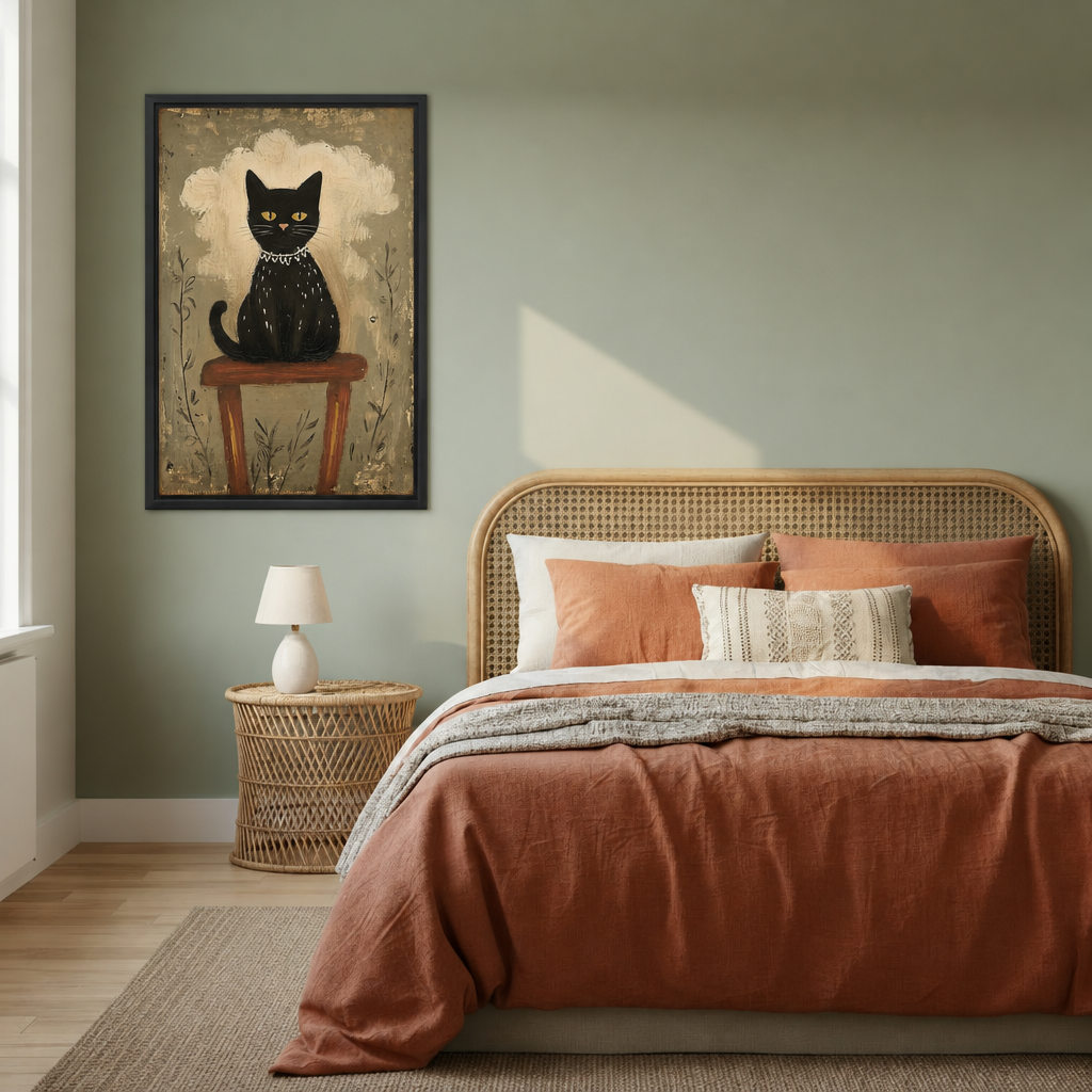  Framed folk art black cat canvas wall art mounted on a sage green wall beside a rattan headboard bed.