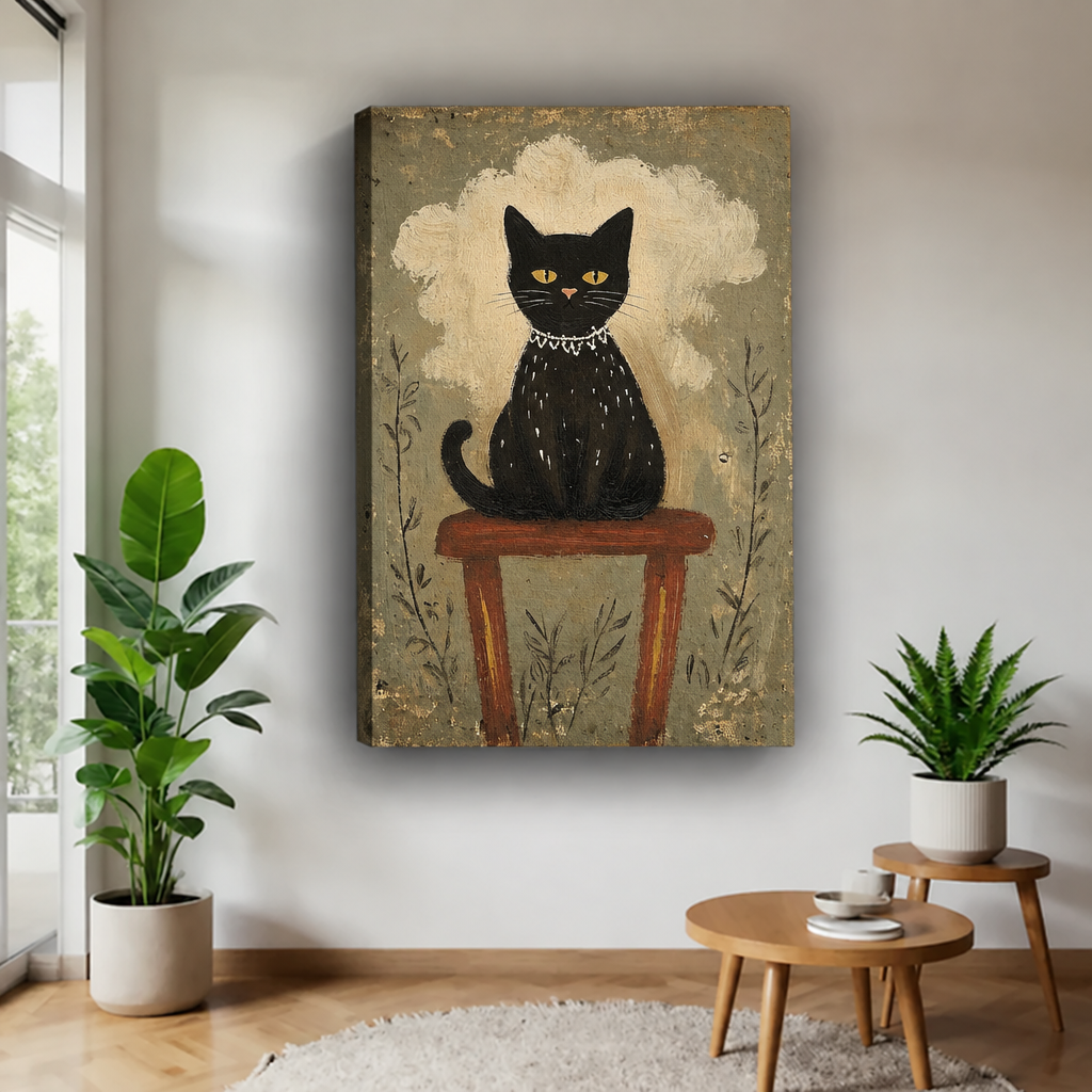 Unframed gallery-wrap folk art black cat canvas wall art shown from an angled side view on a wall.